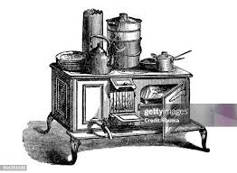 Cozinha antiga europeia com fogão a gás do século XIX